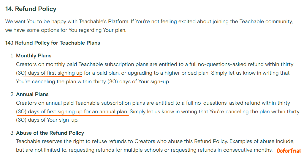 Teachable Refund Policy