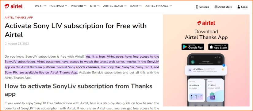 Get SonyLiv Trial with Airtel