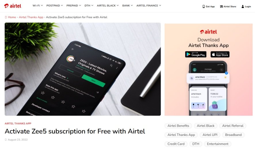 Free zee5 with Airtel Prepaid Plan